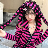 Japanese Pink Black Striped Hoodie Harajuku Y2k Sweet 2000s Pink Print Long Sleeve Egirl Ears Hooded Alt Gothic Punk Emo Clothes