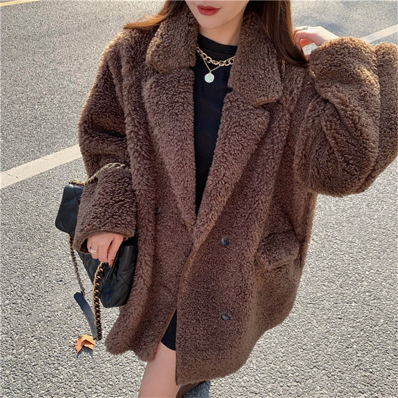 Women Casual Solid Color Notched Collar Fur Coat Female Loose New Style Winter Double Breasted Blazer