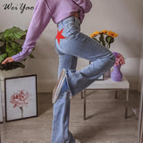 WeiYao 90s Streetwear Pentagram Patches Low Waist Jeans Women Y2K Aesthetic Denim Trousers Street Outfits E Girl Flare Pants