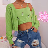 Billlnai  2023 Cardigan Sweater For Women 2 Piece Sets With Crop Top Fashion Short Coat Y2k Blouse Long Sleeve Green Knitted Sweater Female