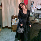Billlnai 2023 Knit One Piece Dress Korea  Spring Lace Elegant Dress Ladies Long Sleeve Square Collar Slim Fairy Office Vintage Dress Women