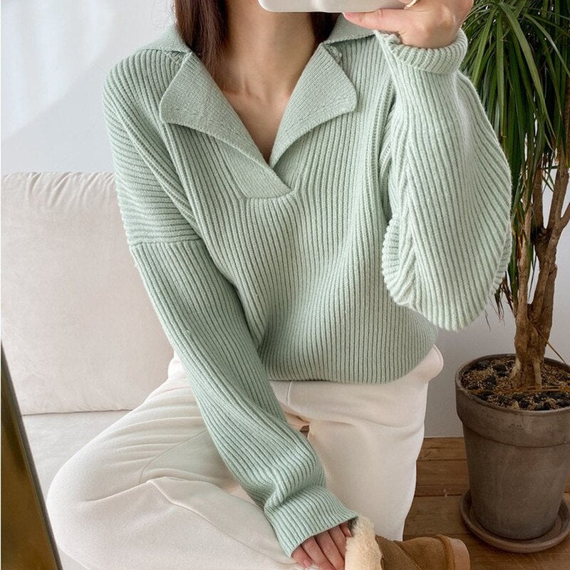Korean Style Sweater Women Autumn Winter Casual V-neck Lapel Ribbed Pullover Ladies Solid Long-sleeved Outer Wear Loose Knit Top