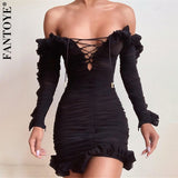 Women Ruffle See Through Dress Sexy Off-Shoulder Bandage Bodycon Dress Ladies Strapless Skinny Party Dresses Vestidos