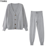 TYHRU Women Knitting 2-pieces sweater Suit Hemp Flower V-neck Single-Breasted cardigan + Pants lady winter sweater Set