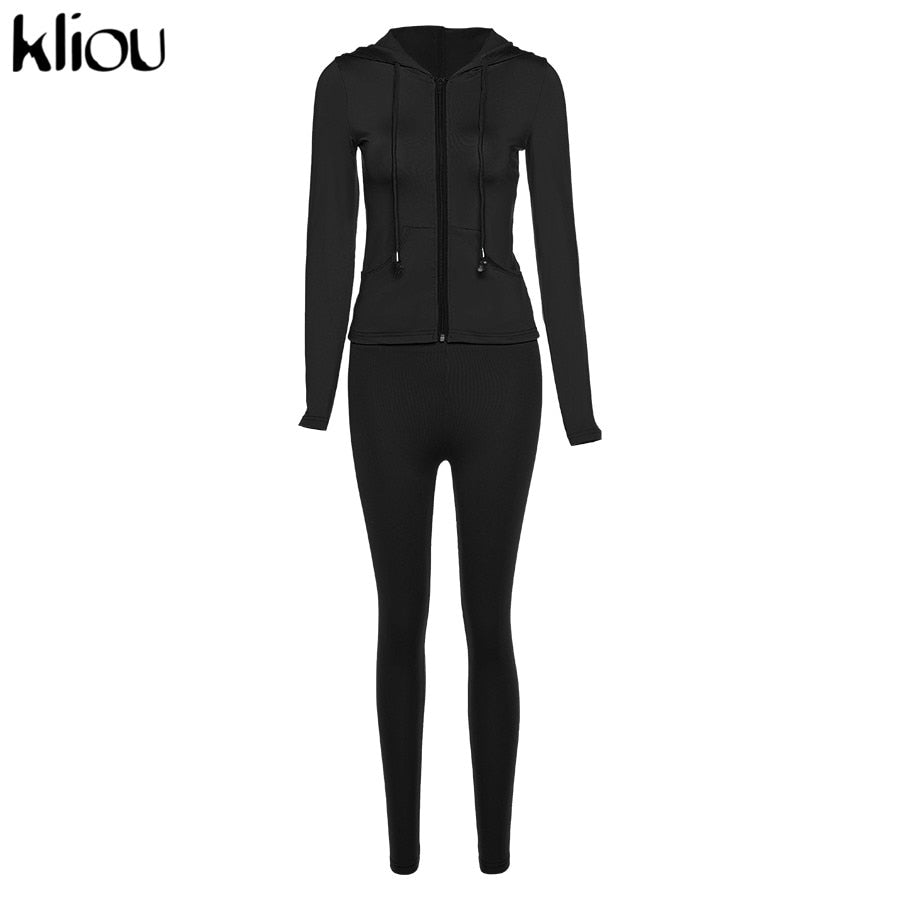 Kliou autumn two piece set women long sleeve hooded zipper pocket sporty Jackets+leggings matching sets workout stretchy outfits