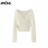 Aproms Pink Fluffy Knitted Sweater Women Autumn Winter V-neck Wrap Front Basic Cropped Pullovers Fashion Outerwear Jumper 2023