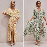 Boho 2023 Summer Floral Printed Split Sexy Maxi Dress Deep V Neck Short Sleeve Vintage Vestidos Casual Clothes Women Dresses