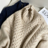 European station autumn and winter thick high-necked cashmere knitted Cardigan woman loose thin zipper sweater coat wool coat