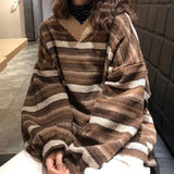 Billlnai 2023 Harajuku Striped Black Sweater Women Korean Fashion V-neck Long Sleeve Knitted Jumper Female Pullover Vintage Winter