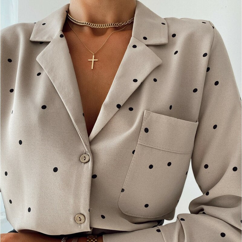 Billlnai Pockets Polka Dot Printed Casual Women Blouse Ladies Long Sleeve Turn Down Collar Office Work Fashion 2023 Autumn Tops