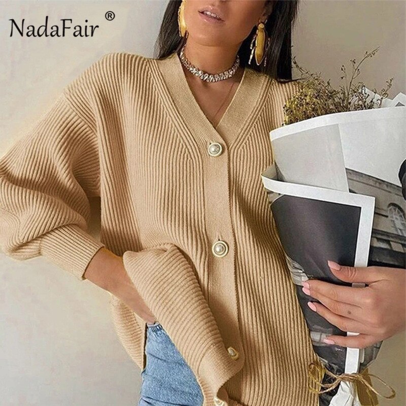 Christmas Gift Nadafair Lantern Sleeve Long Cardigan Women Oversized Knitted Sweater Coat Autumn Female Cardigan Jumpers Winter Clothes Y2K