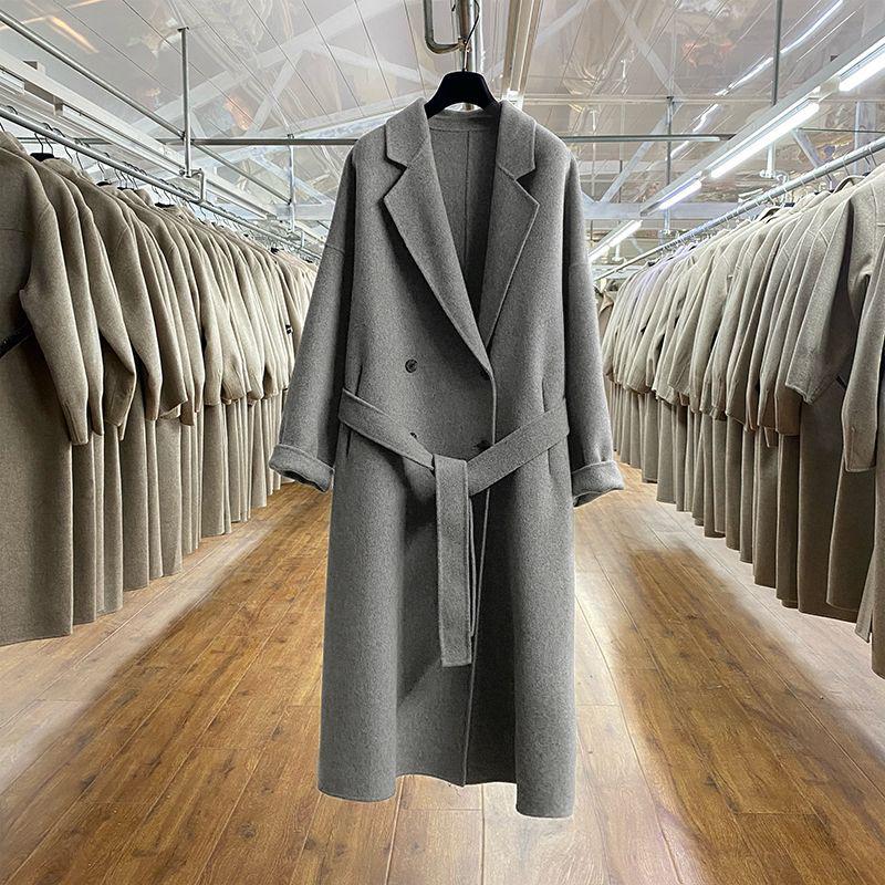 2023 Winter Korean Handmade Double Breasted Long 100% Wool Coat Women Loose Plus Size Lacing Belt Woolen Overcoat Oversized