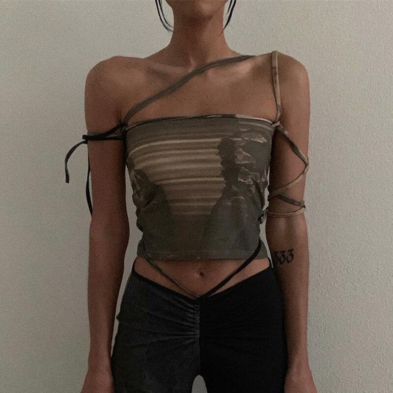 Cryptographic Fashion Print Sleeveless Crop Tops for Women Bandage Sexy Backless Tie Up Halter Top Female Cropped Top Summer