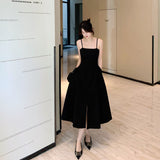 Billlnai 2023 French Elegant Sundresses for Women Summer Vintage Strap Dress Females Party Sexy Black Midi Dress Korean Style Gothic