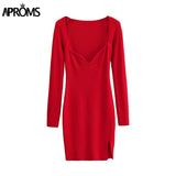 Aproms Elegant Square Neck Ribbed Knitted Dresses Women Casual Long Sleeve High Stretch Basic Bodycon Dress Streetwear Vestidos