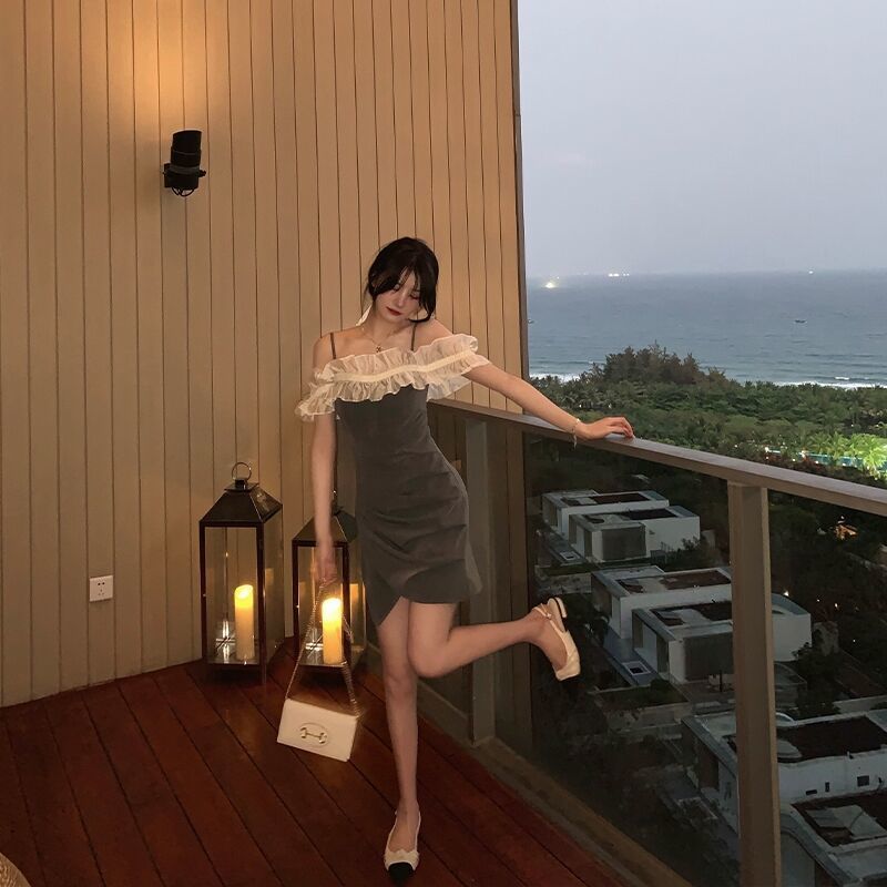 Billlnai 2023 Lace Elegant Mini Shirt Dress Women One Shoulder Elegant Strap Dress Office Lady Party Evening One Piece Dress Korea  Summer
