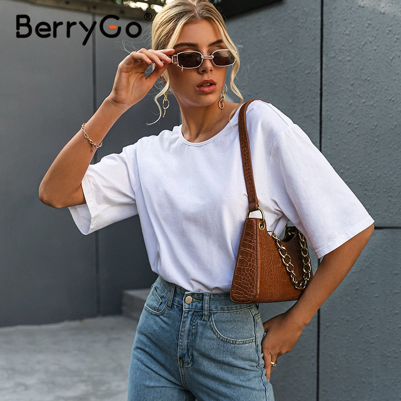 BerryGo Casual backless chain white women t-shirts Cotton round neck loose tshirt female High street fashion summer top shirt