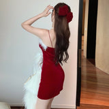 2023 Spring Summer Christmas Red  Furry Stitching Sexy Suspender Dress Bottoming Velvet Sexy Dress for Sex Night Club Bodycon