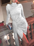Thanksgiving Day Gifts 2023 New Sequined Club Party Wear Long Sleeve Sexy Fitted Asymmetric Bodycon Evening Dress