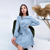 Churses Casual O-Neck Belt Folds Knee Dress Autumn Long Sleeve Corduroy Loose Warm Office Lady A-Line Dresses For Women 2023
