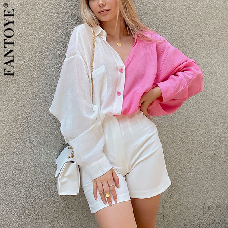 Patchwork Turn-down Collar Oversize Women Blouse Pink Long Sleeve Button Loose Fashion Tops Ladies Pocket Casual Outwear