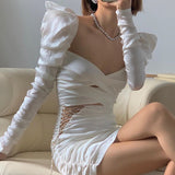 Cryptographic Diamond Ruched Bandage Lace Up Hollow Out Sexy Women's Dress Bodycon Club Party Dresses Long Sleeve Fall Clothing