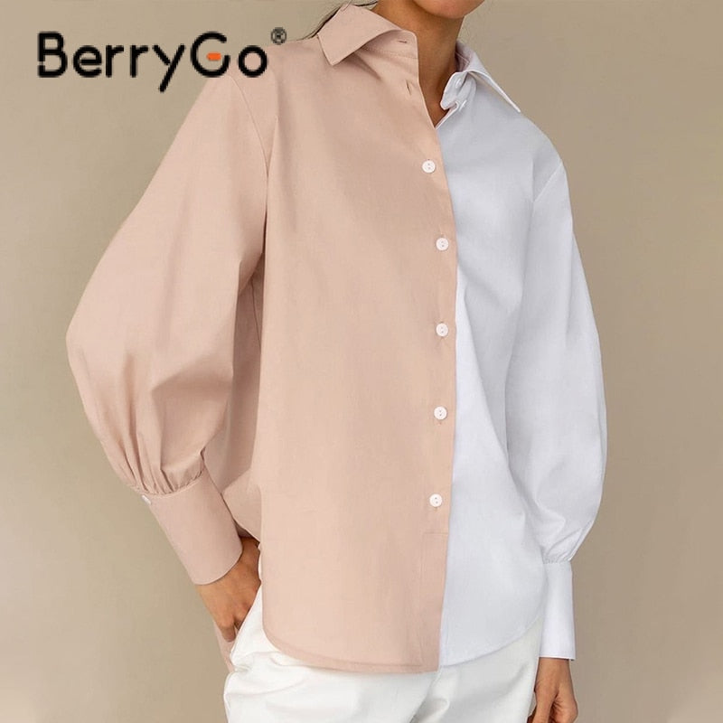 BerryGo Autumn Color Block Office Lady Shirt Casual Blouse Solid Cotton Lapel Collar Women Shirt Lantern Sleeves Female Top 2023