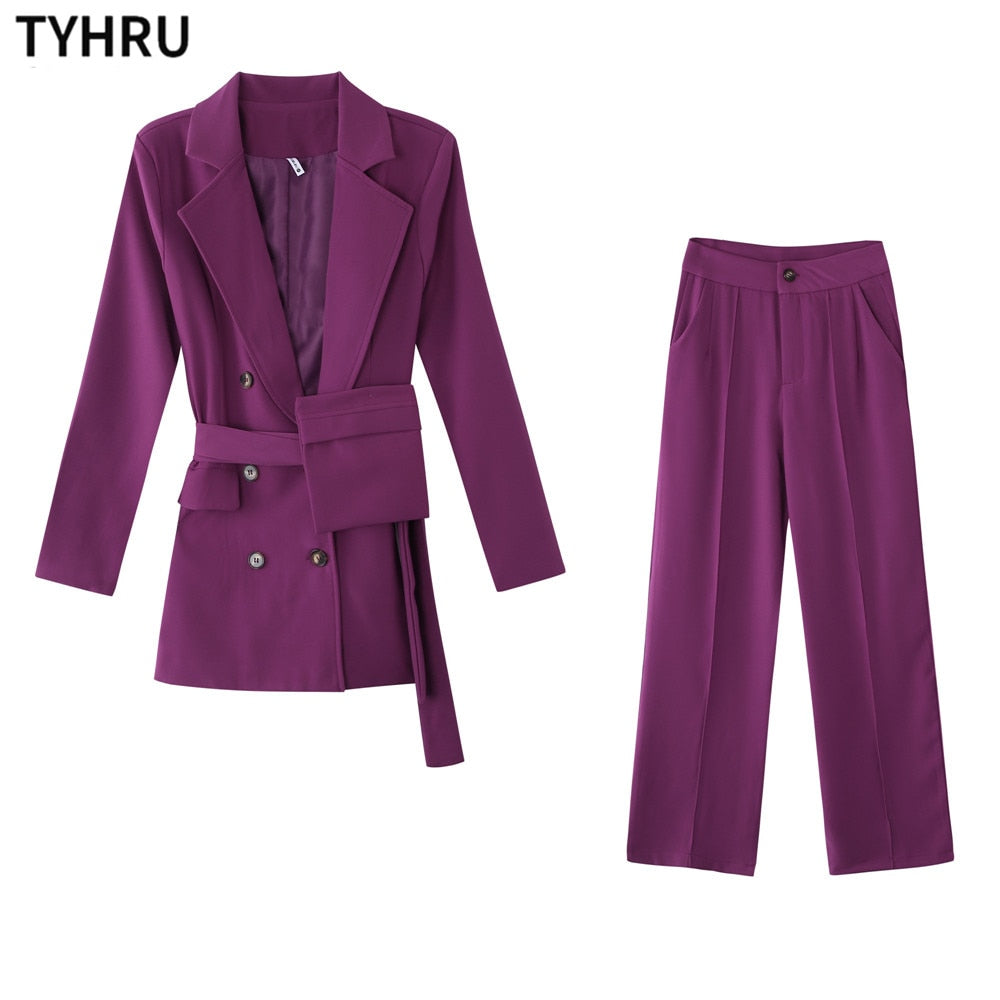 TYHRU Fashion Blazer Two-piece Sets Double breasted Women Blazer and trousers 2-piece suit