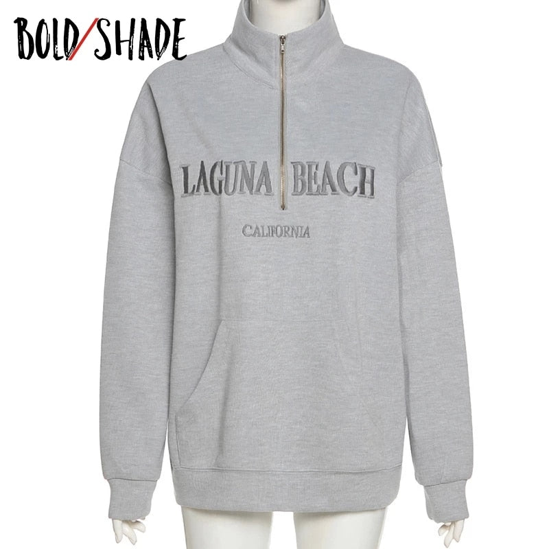 Bold Shade Fashion 90s Vintage Zipper Women Sweatshirts Long Sleeve Indie Casual Hoodies Grunge Letter Print Fall 2023 Clothes