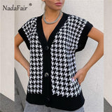 Christmas Gift Nadafair Houndstooth V Neck Knitted Vest Cardigan Women Casual Loose Fashion Plaid Vintage Oversize Sweater Autumn Winter Tops