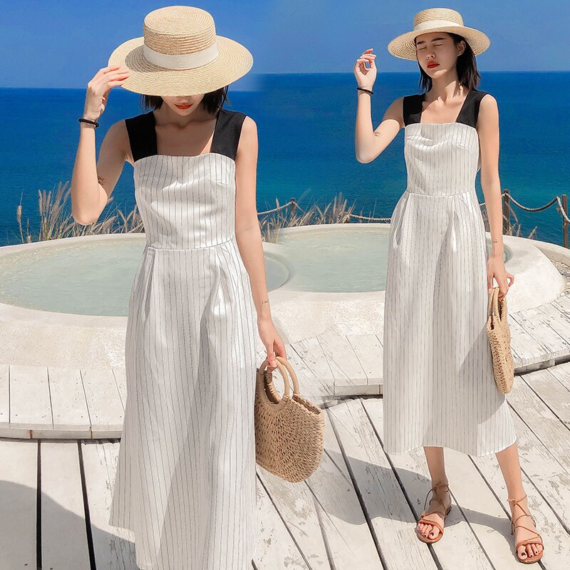 Billlnai  2023  Long Striped Straps Backless Women Dress Summer Elegant Evening Party Dresses Casual Vacation Beach Korean Runway  Dresses