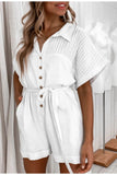 BerryGo Cotton bat sleeve short jumpsuit White high waist casual Female Romper Solid high street lace-up summer V-neck jumpsuit