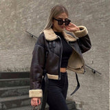 Billlnai 2023 New Fashion Suede Teddy Brown Woman Jacket Vintage Patchwork PU With Zipper Winter Coat Women Female Outwear Tops
