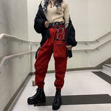 WeiYao Eyelet Buckle Black Punk Goth Jean Fashion Woman Techwear Dark Academic Print E Girl Cargo Pants Low Waist Denim Trousers
