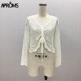 Aproms White Lace Knitted Ruched T-shirt Women Summer Casual V-neck Hollow out Tshirt Female Bikini Beachwear Top Black Tee 2023