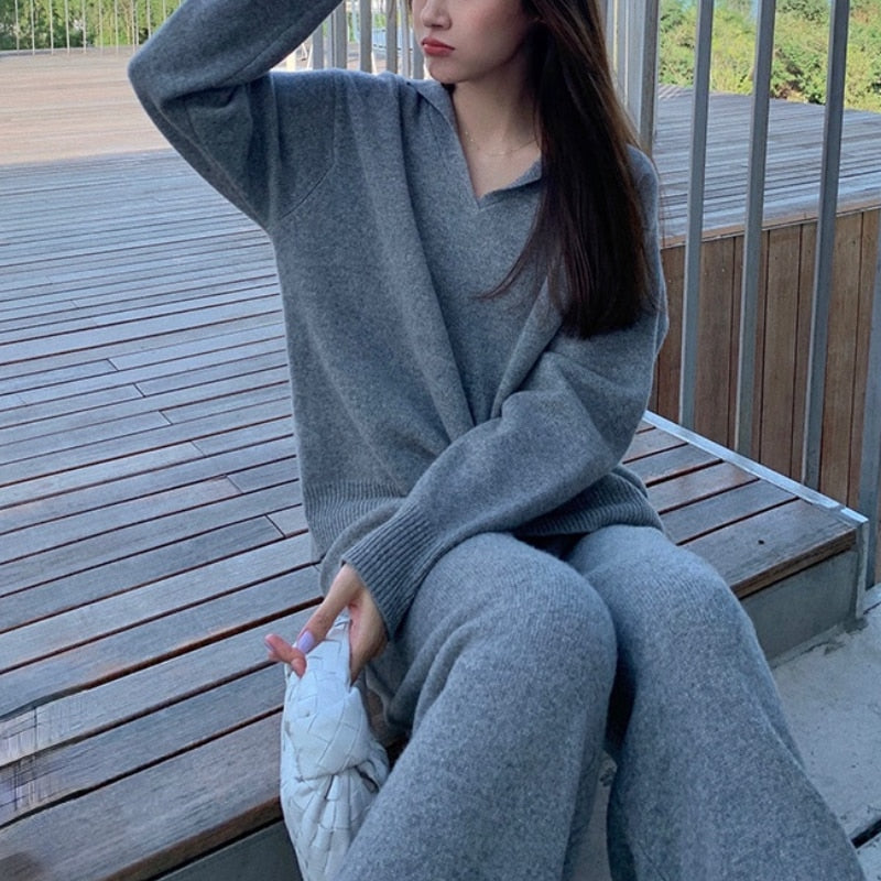 2 Piece Set Women Casual Outwear Korean Tracksuits Office Lady 2023 Winter Knitted Suits Loose Pants + Sweater Sets Pure Color