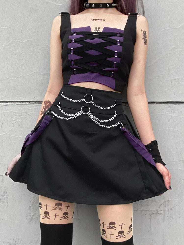 Helloween Big Sale Billlnai Gothic Lace Up Punk Grunge Skirt Suit Women Sexy Patchwork Crop Top Chain High Waist Mini Skirts Y2K Streetwear 2Pcs Set