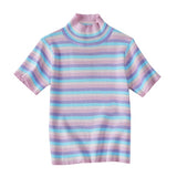 Korobov New Arrival Summer Women T Shirt Korean Colorful Striped Crop Top Tee Harajuku Streetwear Stand Collar T Shirts 78190