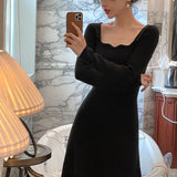 Billlnai 2023 French Vintage Knit Dress Women Casual Slim Midi Sweater Dress Party Outwear  Winter One Piece Dress Korean Long Sleeve Chic