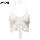 Aproms Boho White Lace Tassel Knitted Camis Women Summer Sexy Backless Hollow Out Beach Tank Tops Casual  Halter Crop Top 2023