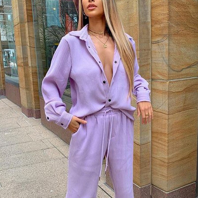 Women Long Sleeve Shirts Trousers Two Piece Set 2023 Autumn Single Breasted Tops Wide Leg Pants Sets Female Casual Fashion Suit