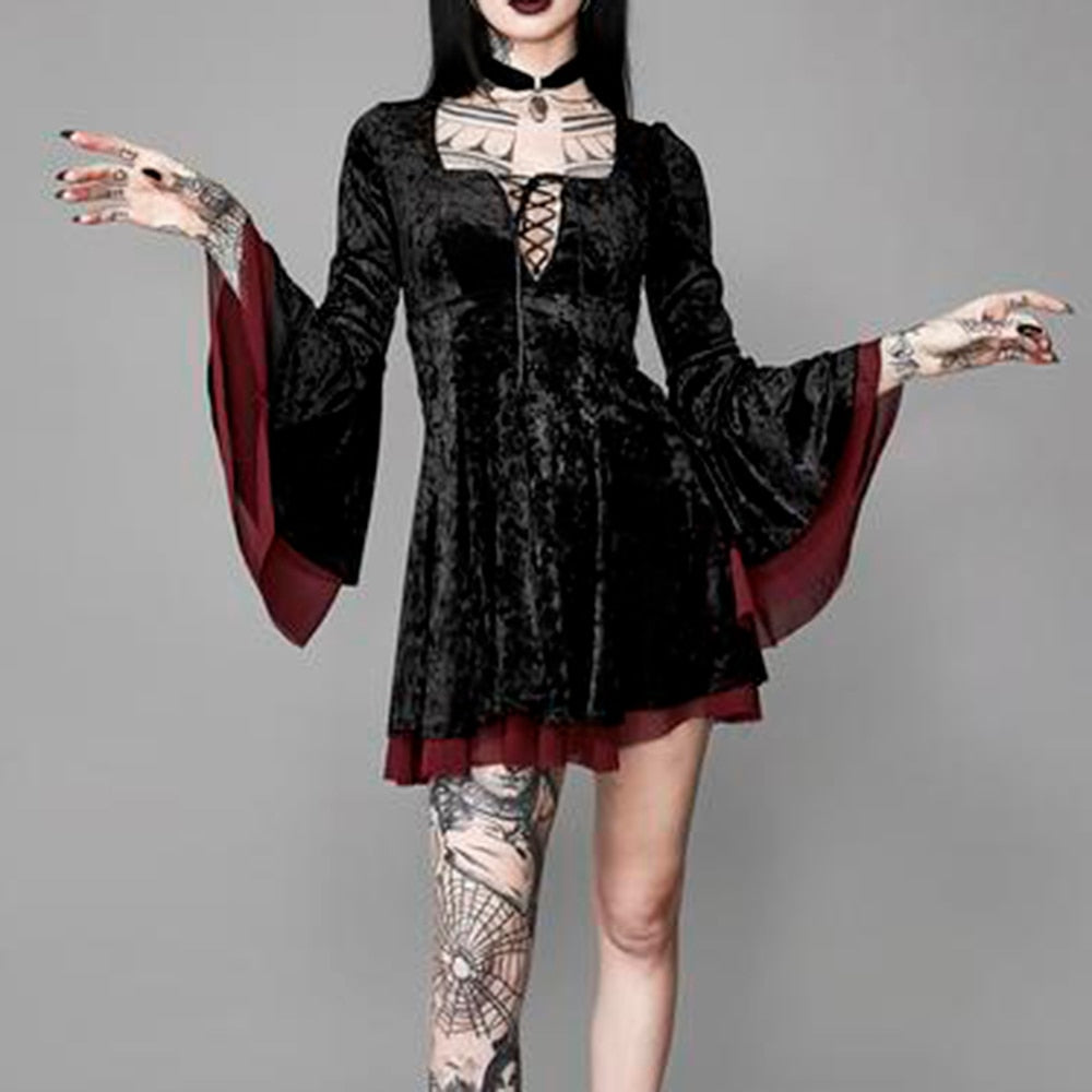 Billlnai Sexy Lace Long Dresses Gothic Women's Dress Spring Summer Fashion Brand Designer See Through Mesh Vintage Flared Sleeves