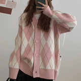 Women Cardigan Sweater Loose Geometric Knit Sweater for Women Preppy Style Oversized Cardigan Winter V-neck Students Kawaii Tops