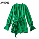 Aproms Elegant Green Satin A-line Shirt Dress Women Autumn Long Sleeves Bow Tie Pleated Holiday Casual Mini Dresses Female 2023