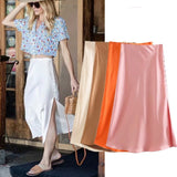 Billlnai Withered ins fashion blogger vintage solid satin buttons forking sexy midi skirt women faldas mujer moda long skirts womens