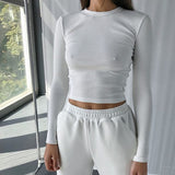 Billlnai O Neck Long Sleeve Shirt Women Ribbed Sexy Cropped Tops 2023 Spring Black Casual Skinny Slim Basic Woman T Shirts White