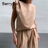 BerryGo Sleeveless top straight leg shorts jumpsuit romper Khaki O neck top short wide leg jumpsuit Summer causal romper suit