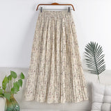 Billlnai Summer New 2023 Vintage Floral Print Tulle Pleated Women's Mi-Long Skirts Chiffon High Waist Loose Female Umbrella Skirt