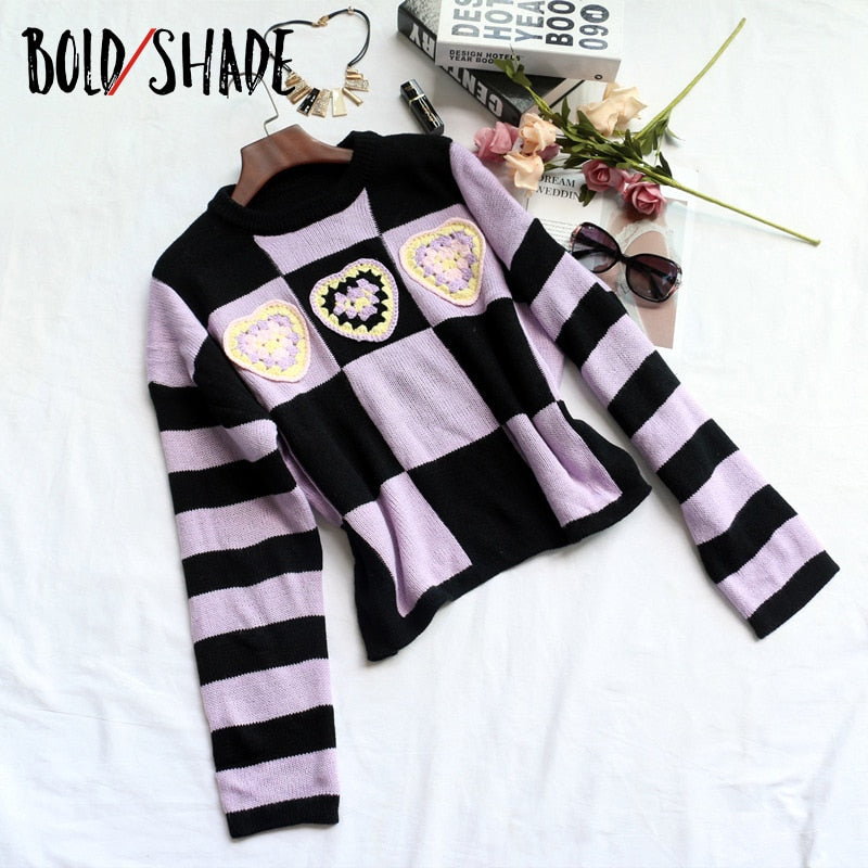 Bold Shade Patchwork Plaid Graphic Print Pullover Sweater Indie Y2K Harajuku Fashion Women Knitwear Oversized Crewneck Sweaters
