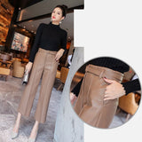 Billlnai Women's PU Leather Pants With Belt High Waisted Wide Leg Anke-length Women's Trousers 2023 Winter Autumn NEW Fashion Clothes
